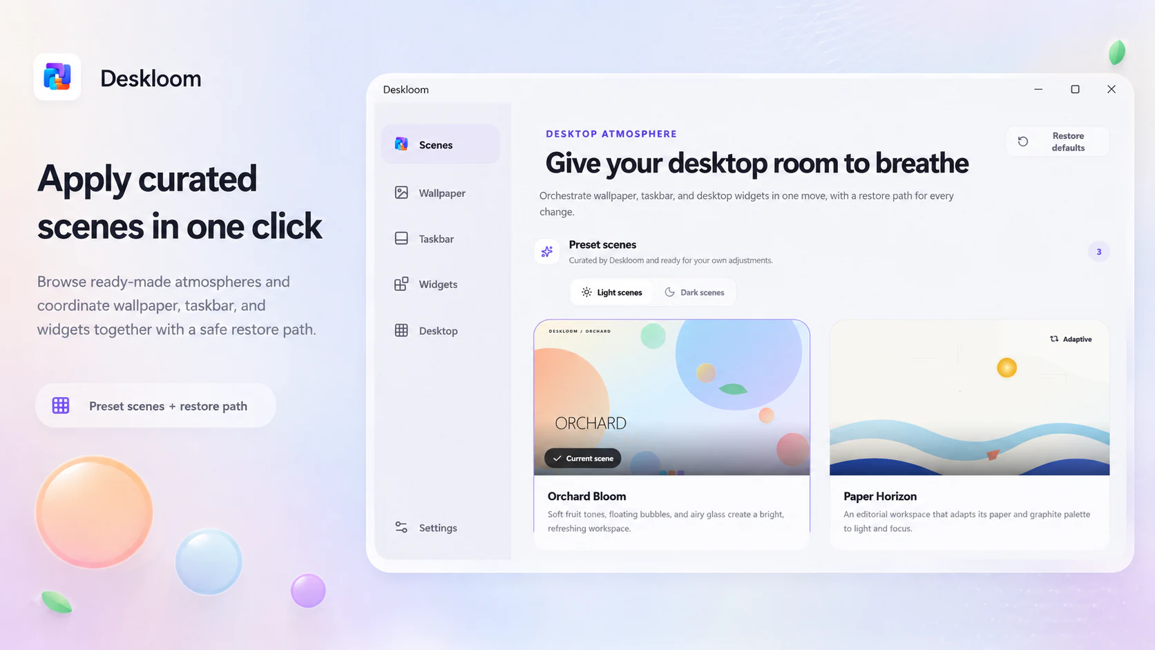 Deskloom scenes control center from the Microsoft Store release