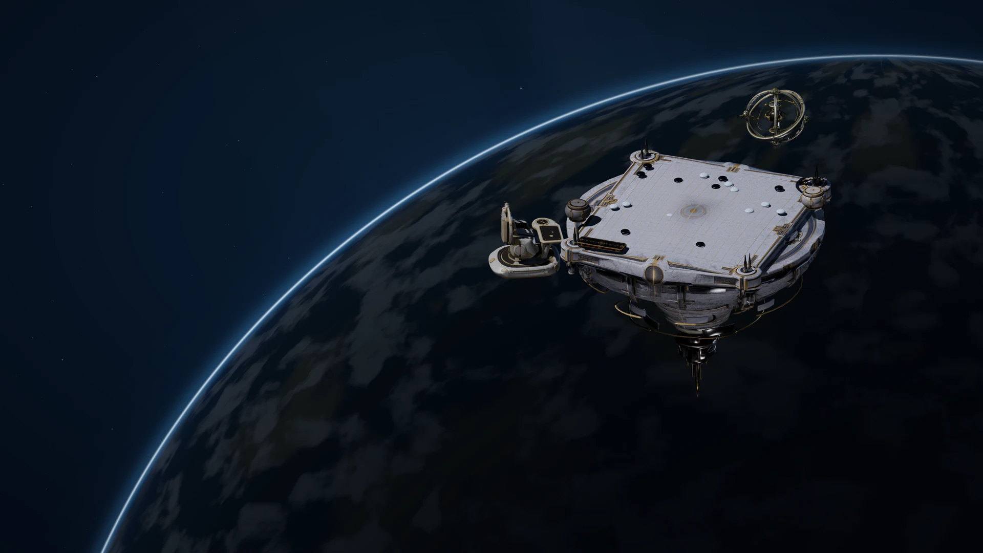 A marble-and-metal game board suspended above a planetary horizon